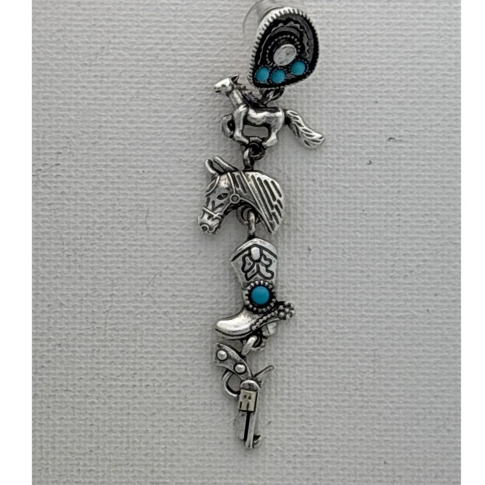 Earrings Silver Tone Turquoise Western Horse Boot Pistol Post Dangle New - Picture 3 of 4
